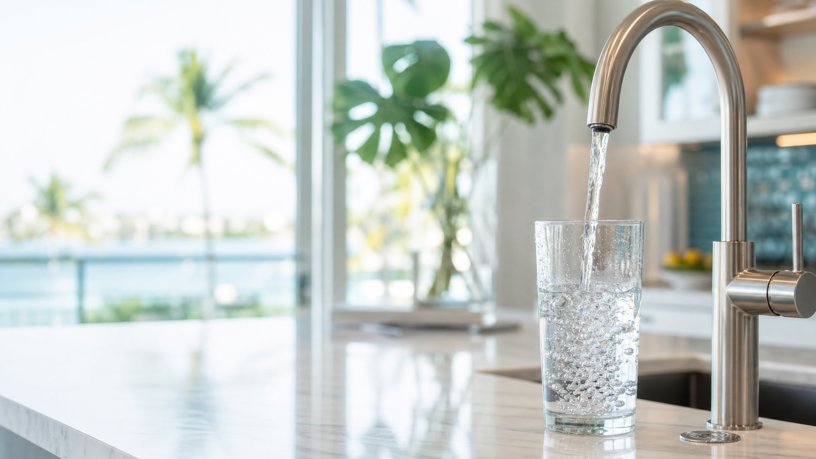 Clean filtered water pouring into a glass at a Sacramento kitchen faucet